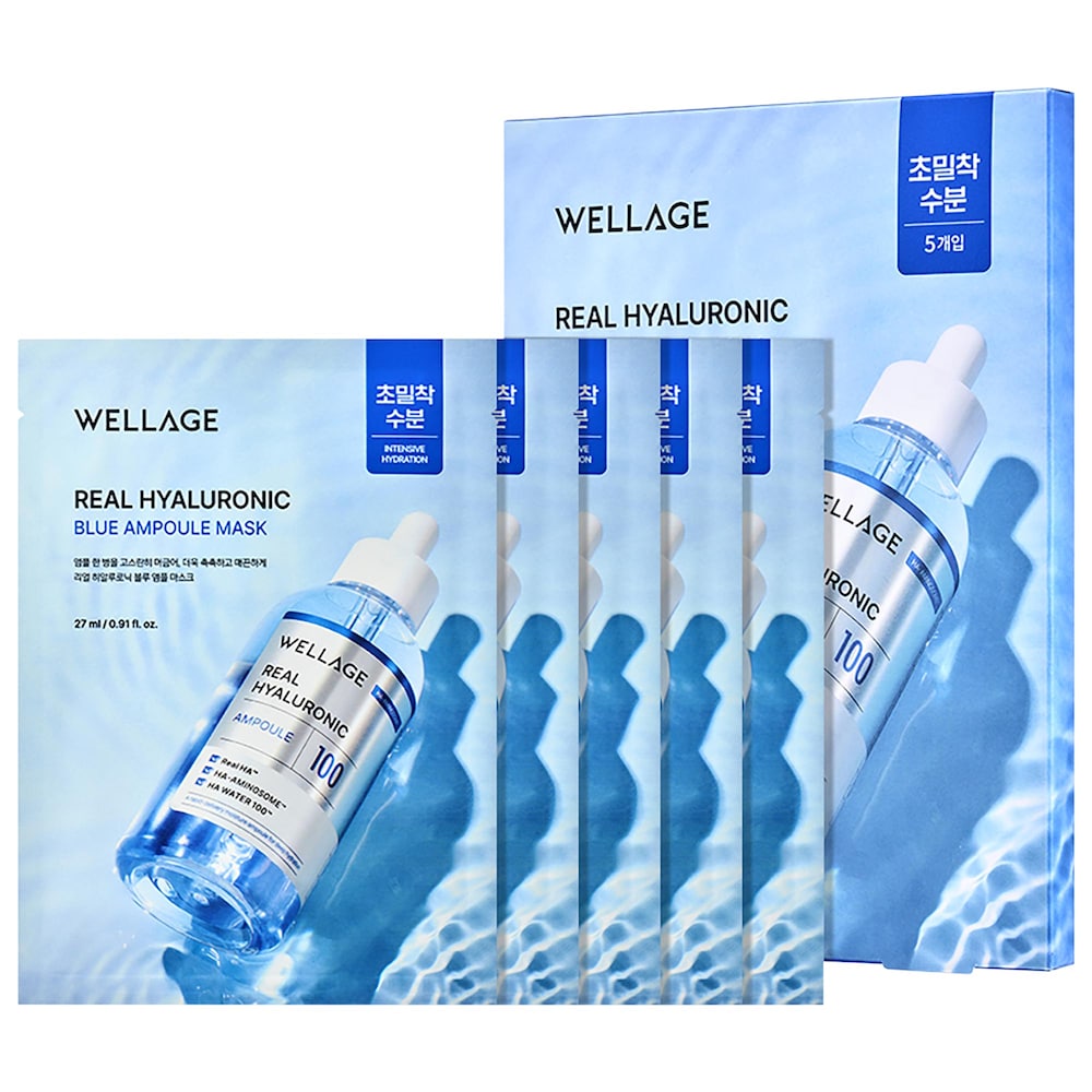 Синяя ампульная маска WELLAGE Real Hyaluronic для глубокого увлажнения