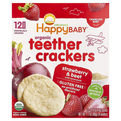 Happy Baby, органические диетические крекеры, клубника и свекла с амарантом, 12 упаковок, 0.14 oz (4 g) каждый