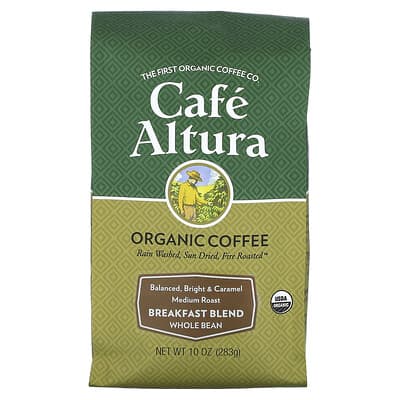 Органический кофе Breakfast Blend, цельное зерно, средняя обжарка, 10 oz (283 g)