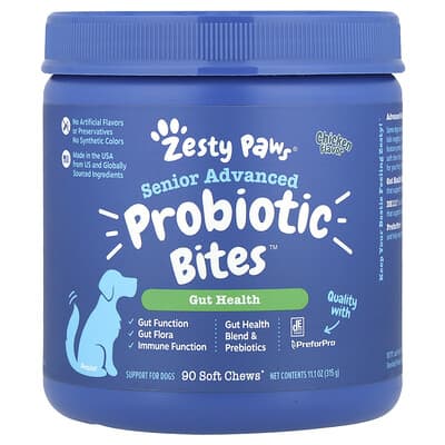 Zesty Paws Senior Advanced Probiotic Bites™ для собак, пожилых, курица, 90 мягких жевательных таблеток, 11.1 oz (315 g)