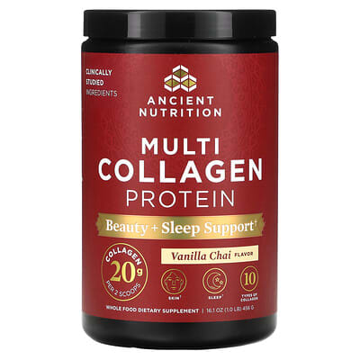 Мультиколлагеновый протеин Ancient Nutrition Beauty + Sleep Support, Vanilla Chai, 1 lb (456 g)