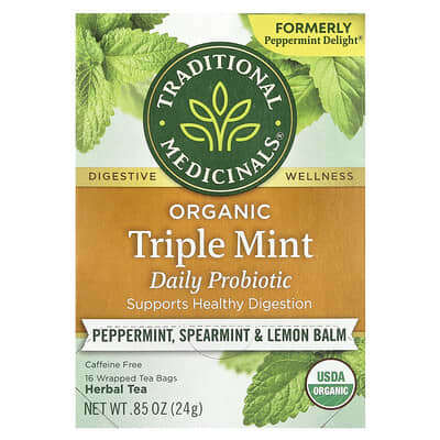 Organic Herbal Tea Triple Mint Daily Probiotic, перечная мята, мелисса и лимонный мелисса, без кофеина, 16 пакетиков, 0.85 oz (24 g)