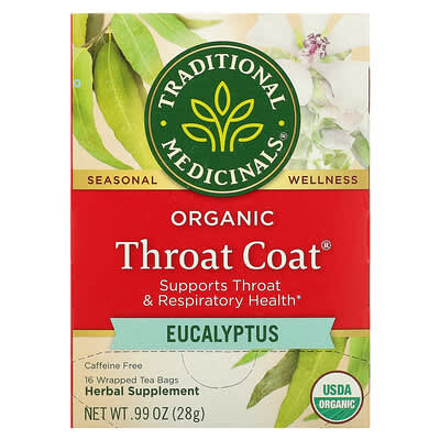 Органический чай Organic Throat Coat®, эвкалипт, без кофеина, 16 пакетиков, 0.99 oz (28 g)