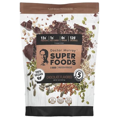 Протеиновый порошок Super Foods, 3 Seed Protein Powder, Pumpkin + Flax + Sunflower, Chocolate, 16 oz (453.5 g)