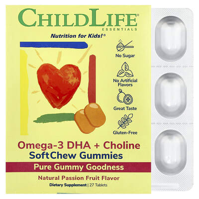 Essentials, Omega-3 DHA + Choline, жевательные витамины, маракуйя, 27 таблеток