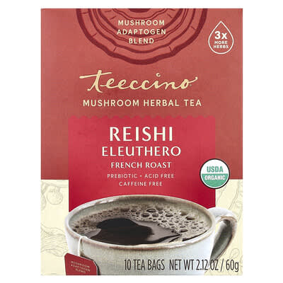 Травяной чай с грибами, Reishi Eleuthero, French Roast, без кофеина, 10 чайных пакетиков, 2.12 oz (60 g)