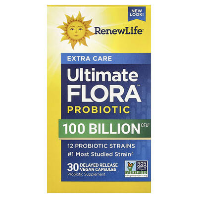 Renew Life Extra Care Ultimate Flora™, пребиотик и пробиотик, 100 миллиардов КОЕ, 30 веганских капсул с пролонгированным высвобождением