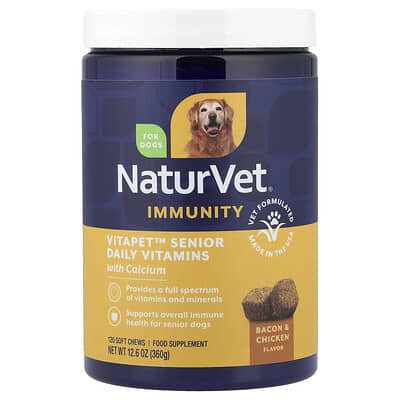 Витамины для собак Immunity, VitaPet™ Senior с кальцием, со вкусом бекона и курицы, 120 мягких жевательных таблеток, 12.6 oz (360 g)