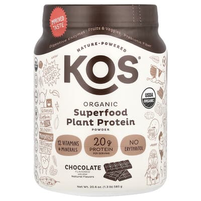 Растительный протеиновый порошок KOS, органический суперфуд, шоколад, 1.3 lb (585 g)