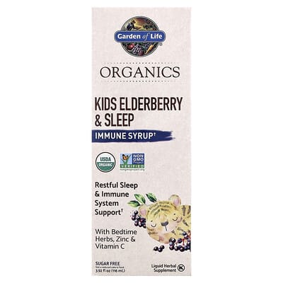 Organics, Kids Elderberry & Sleep, Immune Syrup с травами для сна, Zinc & Vitamin C, 3.92 fl oz (116 ml)