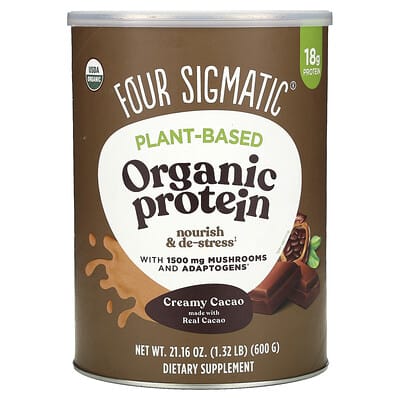 Four Sigmatic, органический растительный протеин с грибами и адаптогенами, кремовое какао, 1.32 lbs (600 g)