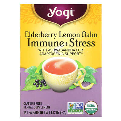 Immune + Stress, бузина-мелисса, без кофеина, 16 чайных пакетиков, 1.12 oz (32 g)