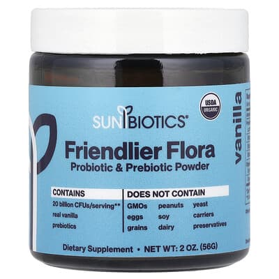 Sunbiotics Friendlier Flora Пробиотик и пребиотик в порошке, ваниль, 2 oz (56 g)