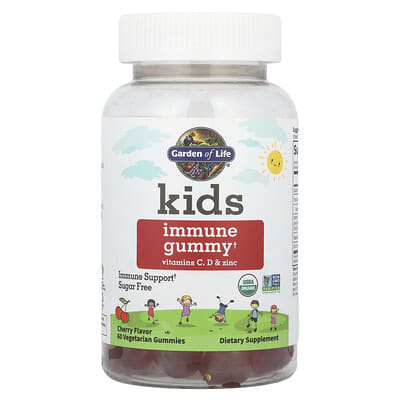 Детские жевательные витамины Garden of Life Immune Gummy, Витамин C, D и Цинк, Вишня, 60 шт