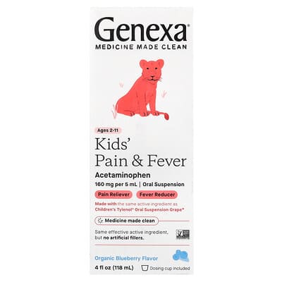 Genexa Детский Pain & Fever, Ages 2-11, Organic Blueberry, 160 mg, 4 fl oz (118 ml)
