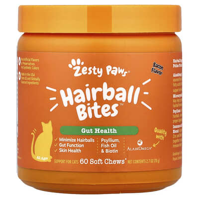 Zesty Paws лакомства Hairball Bites™ для кошек, для всех возрастов, бекон, 60 мягких кусочков, 2.7 oz (78 g)
