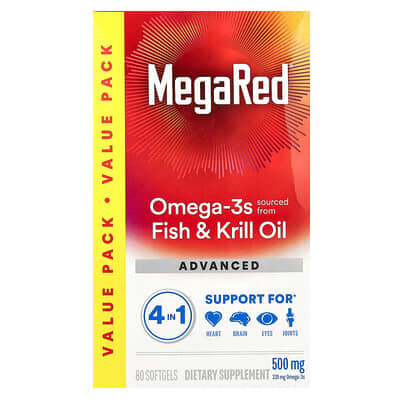 MegaRed, Omega-3s Fish & Krill Oil, Advanced 4in1, Vanilla, 500 mg, 80 мягких капсул