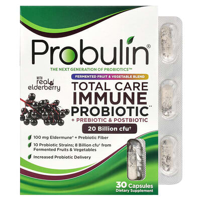 Пробиотик Probulin Total Care Immune Probiotic + Prebiotic & Postbiotic с натуральной черной ягодой, 20 Billion CFU, 30 капсул