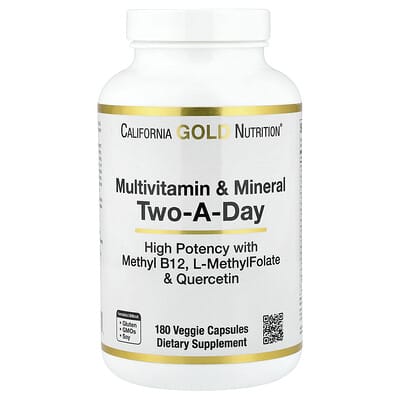 Multivitamin and Mineral with Methyl B12, Vitamin C, L-MethylFolate and Bio-Quercetin, Two-A-Day, 180 Veggie Capsules