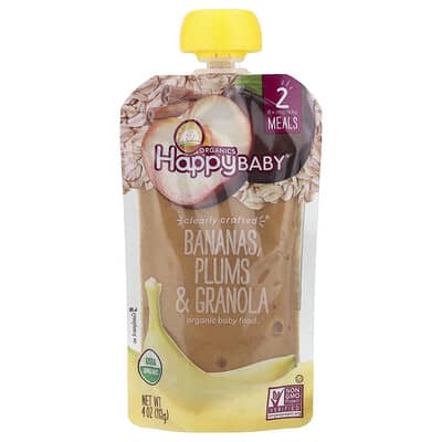 Happy Baby® Органическое детское питание, 6+ месяцев, Бананы, сливы и гранола, 4 oz (113 g)