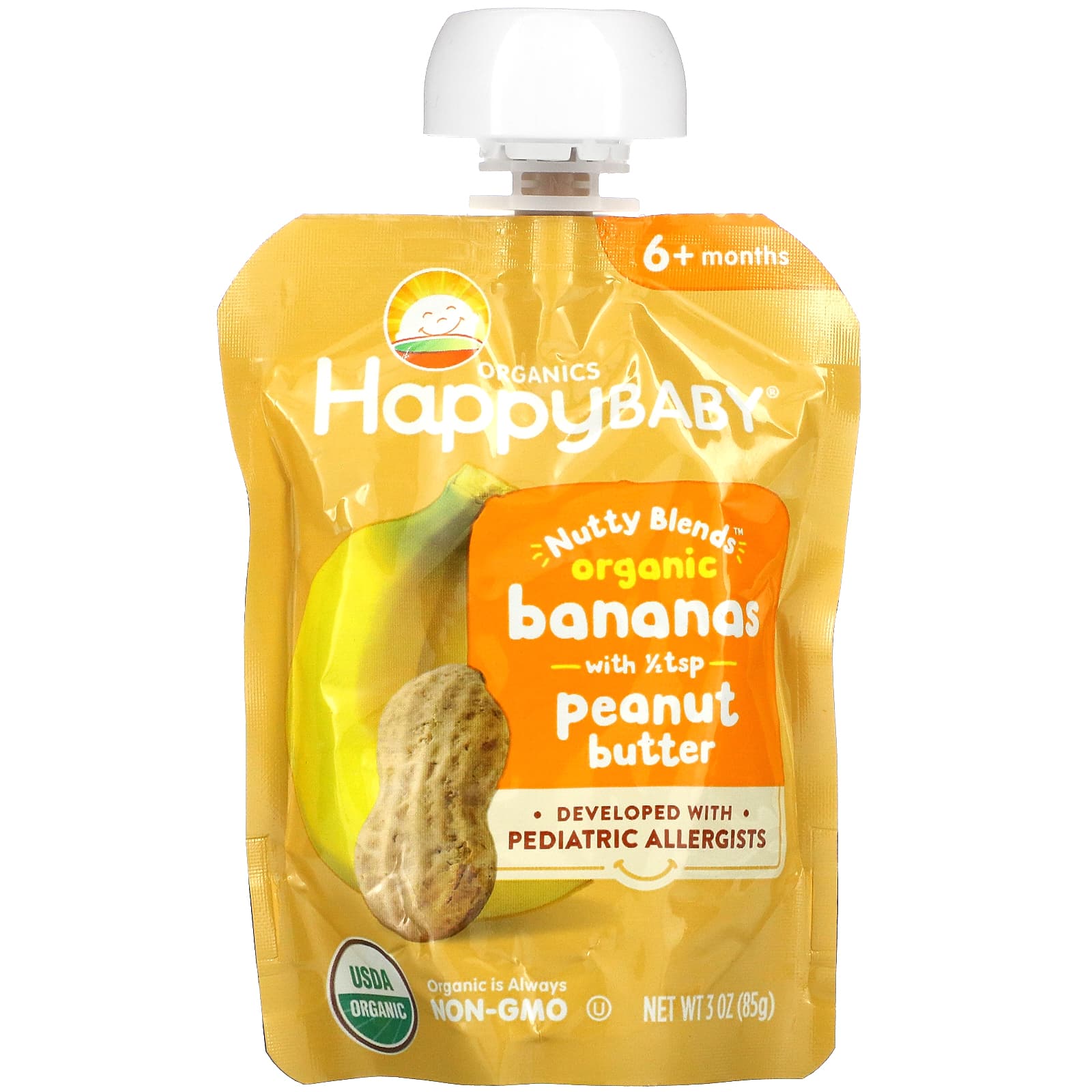 Happy Baby®, Nutty Blends™, 6+ Months, Organic Bananas with 1/2 tsp Peanut Butter, 3 oz (85 g)