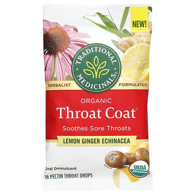Органические леденцы для горла Organic Throat Coat®, лимон-имбирь-эхинацея, 16 штук