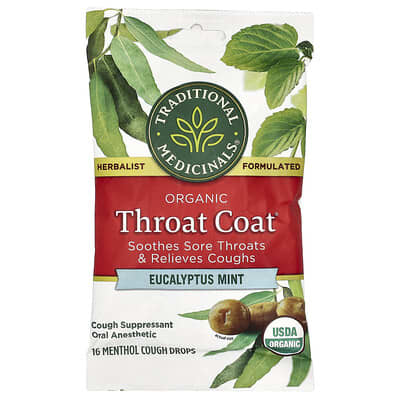 Organic Throat Coat® Drops, Eucalyptus Mint, 16 ментоловых пастилок