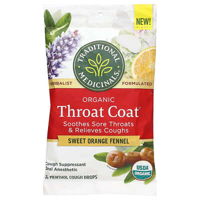 Organic Throat Coat® Drops, Sweet Orange Fennel, 16 Menthol Cough Drops