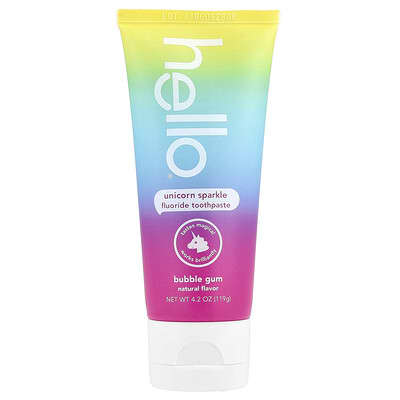 Детская зубная паста Hello Fluoride, Unicorn Sparkle, 2+, Bubble Gum, 4.2 oz (119 g)