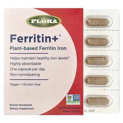 Flora Ferritin+®, растительный железосодержащий препарат, 30 веганских капсул пролонгированного действия (20 mg на капсулу)
