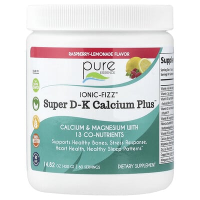 Кальций Pure Essence lonic-Fizz™ Super D-K Calcium Plus™, Raspberry Lemonade, 14.82 oz (420 g)