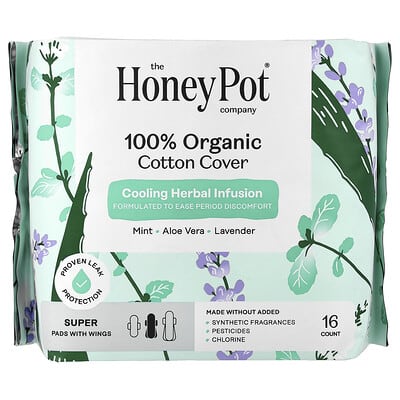 100% Organic Cotton Cover, Cooling Herbal Infusion, Pads with Wings, Super, 16 Count