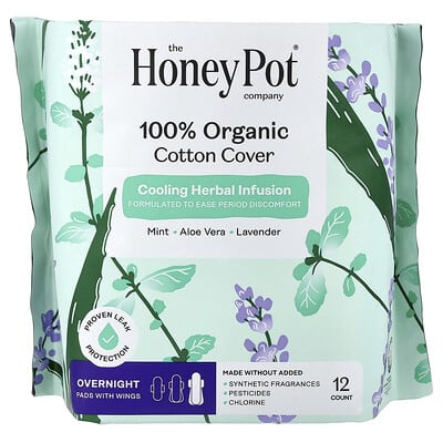 Organic Cooling Herbal Infusion, Pads with Wings, Overnight, 12 Count