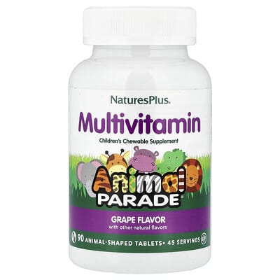 NaturesPlus Animal Parade®, жевательные мультивитамины для детей, виноград, 90 таблеток в форме животных