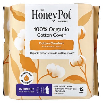 Гигиенические прокладки The Honey Pot Company с крылышками, на ночь, 100% органический хлопок, 12 шт