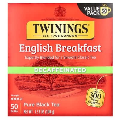 Черный чай Twinings Pure Black Tea, English Breakfast, Decaffeinated, 50 Tea Bags, 3.53 oz (100 g)