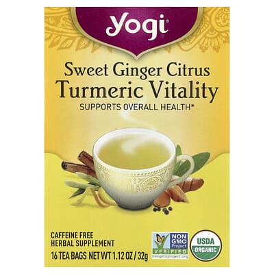 Turmeric Vitality, сладкий имбирь и цитрус, без кофеина, 16 чайных пакетиков, 1.12 oz (32 g)