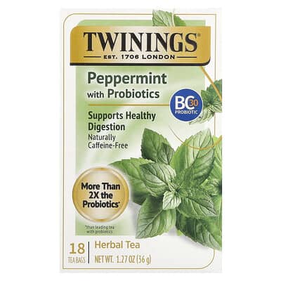 Herbal Tea, Peppermint with Probiotics, Caffeine-Free, 18 Tea Bags, 1.27 oz (36 g)