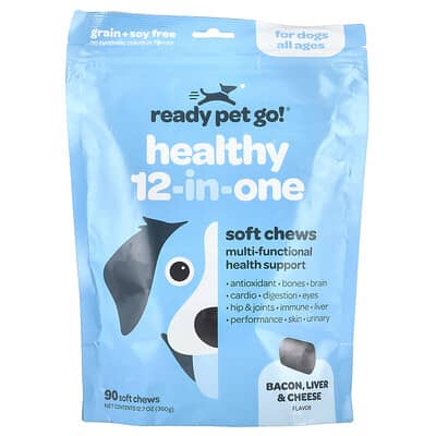 Пищевая добавка Ready Pet Go Healthy 12-In-One для собак, бекон, печень и сыр, 90 мягких жевательных таблеток, 12.7 oz (360 g)