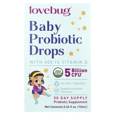LoveBug Probiotics Детские пробиотические капли с витамином D, 0.34 fl oz (10 ml)