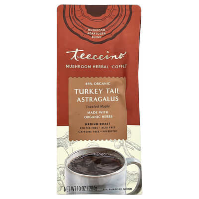 Травяной грибной кофе Teeccino, Turkey Tail Astragalus, Toasted Maple, средняя обжарка, без кофеина, 10 oz (284 g)