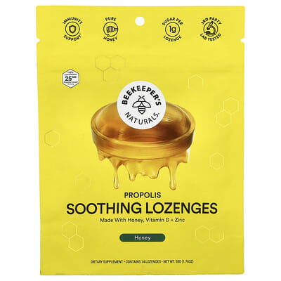 Успокаивающие пастилки Beekeeper's Naturals Propolis, Мед, 14 пастилок, 1.76 oz (50 g)