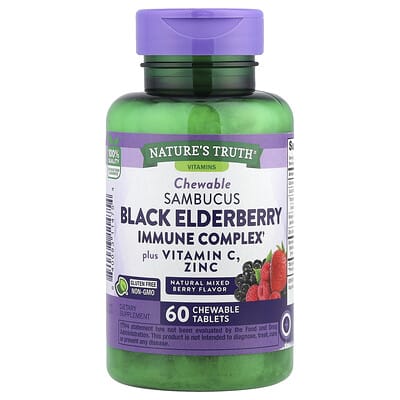Nature's Truth комплекс Sambucus Black Elderberry с витамином C и цинком, натуральная смесь ягод, 60 жевательных таблеток