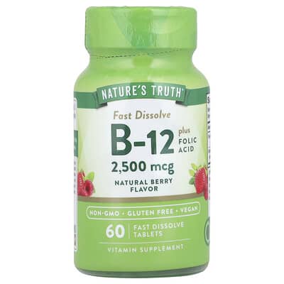 Витамины Nature's Truth Vitamin B-12 plus Folic Acid, Natural Berry, 2,500 mcg, 60 Fast Dissolve Tablets