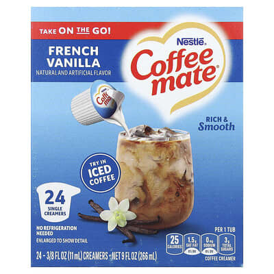 Жидкий сливочный наполнитель для кофе, French Vanilla, 24 порции, 3/8 fl oz (11 ml) каждая