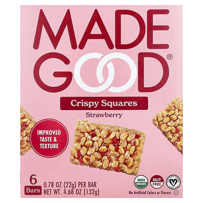Кислые квадратики MadeGood Strawberry, 6 батончиков, 0.78 oz (22 g) каждый