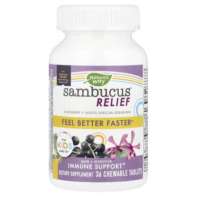 Nature's Way Sambucus® Relief, поддержка иммунитета, для детей от 2 лет, Berry, 36 жевательных таблеток