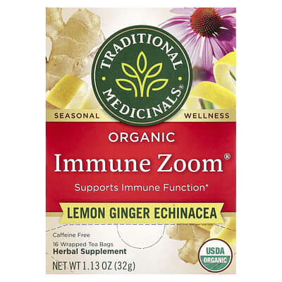 Traditional Medicinals Organic Immune Zoom®, Lemon Ginger Echinacea, без кофеина, 16 чайных пакетиков, 1.13 oz (32 g)