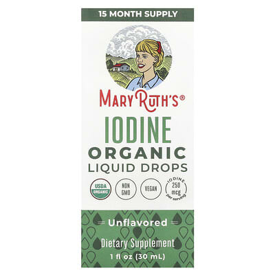 Жидкие органические капли йода MaryRuth's, без вкуса, 250 mcg, 1 fl oz (30 ml)