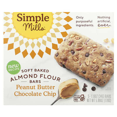 Soft Baked Almond Flour Bars, Peanut Butter Chocolate Chip,  5 Bars, 1.19 oz (34 g) Each